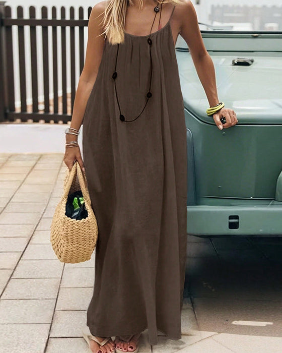 Solid Color Shirred Backless Spaghetti Strap Maxi Dress