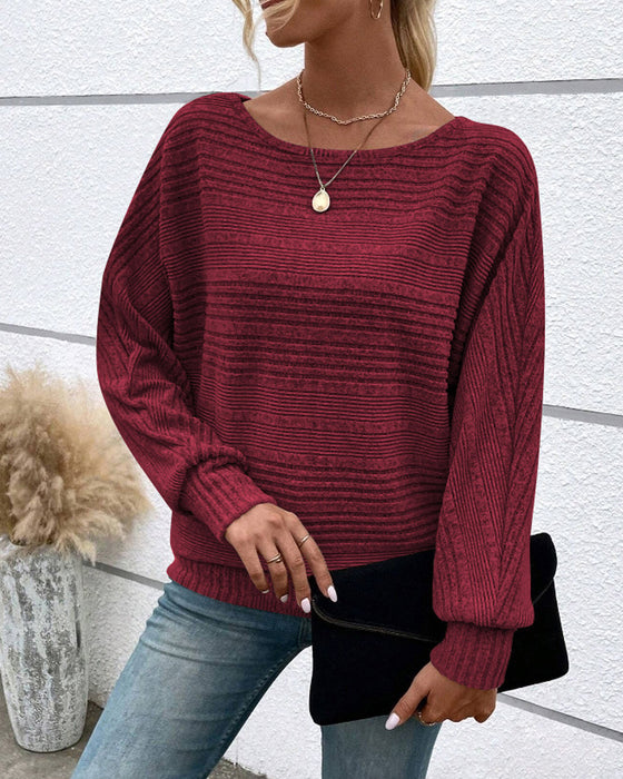 Solid Color Round Neck Long Sleeve Striped Top