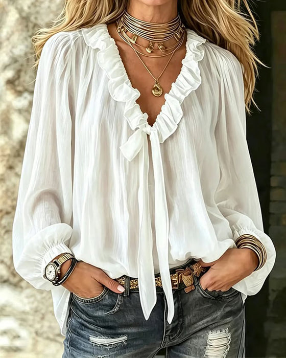 Ruffle Collar Tie Long Sleeve Blouse