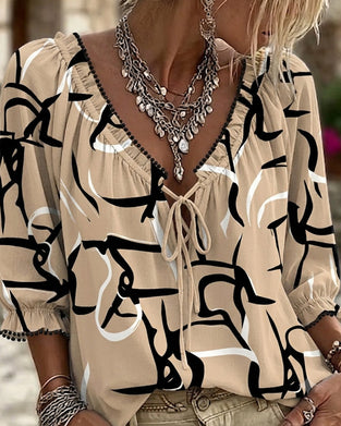 Abstract Print V-Neck Lace-Up Blouse