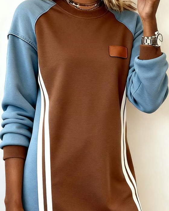 Long-Sleeved Color Block Round Neck Straight Dress