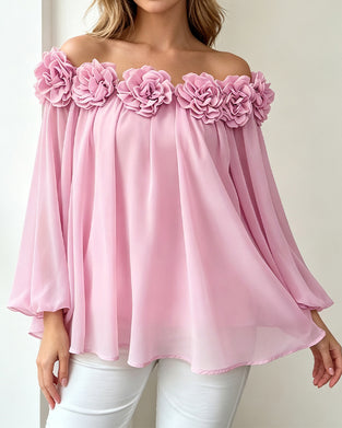 Off-Shoulder Rosette  Flared Top