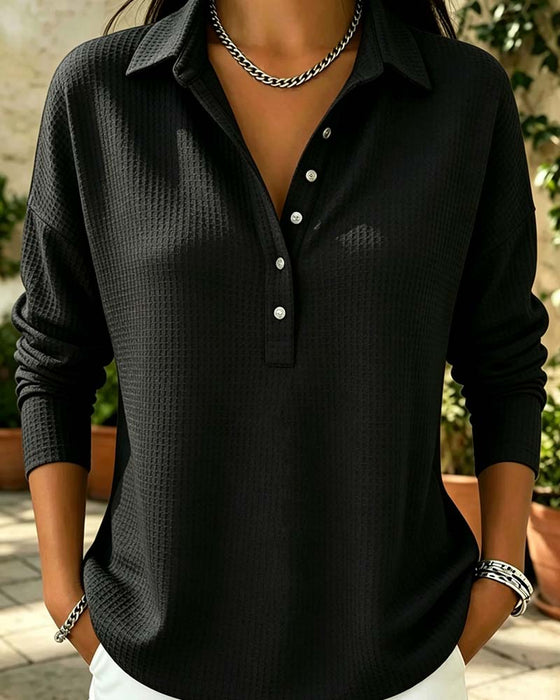 Waffle Lapel Long Sleeve Top