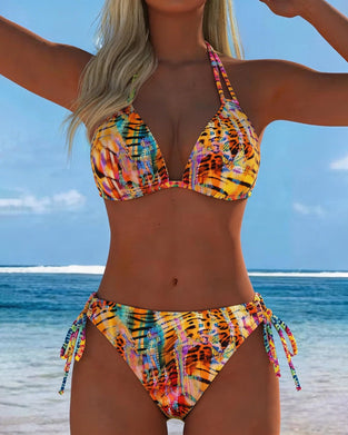 Colorful Leopard Print Halterneck Bikini