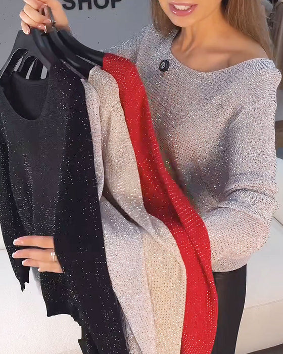 Shimmer Solid Long Sleeve Loose Fit Sweater