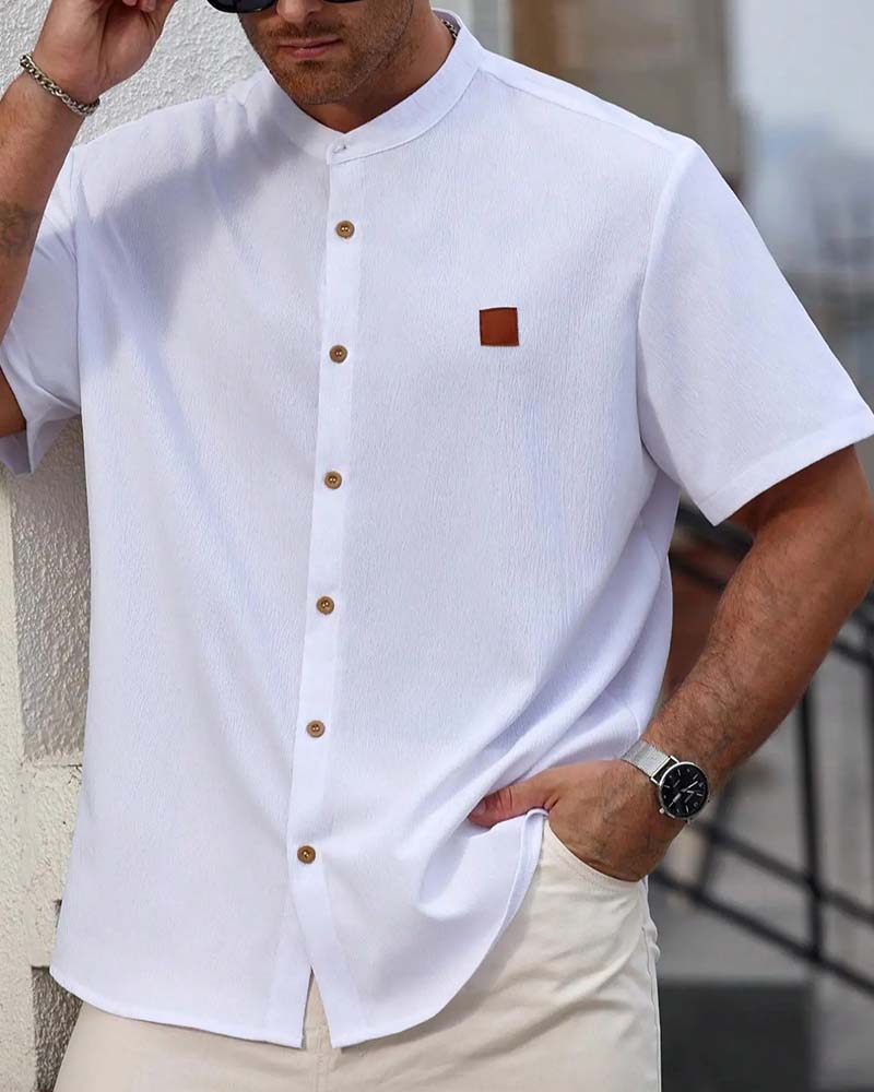 Textured Stand Collar Short Sleeve Shirt