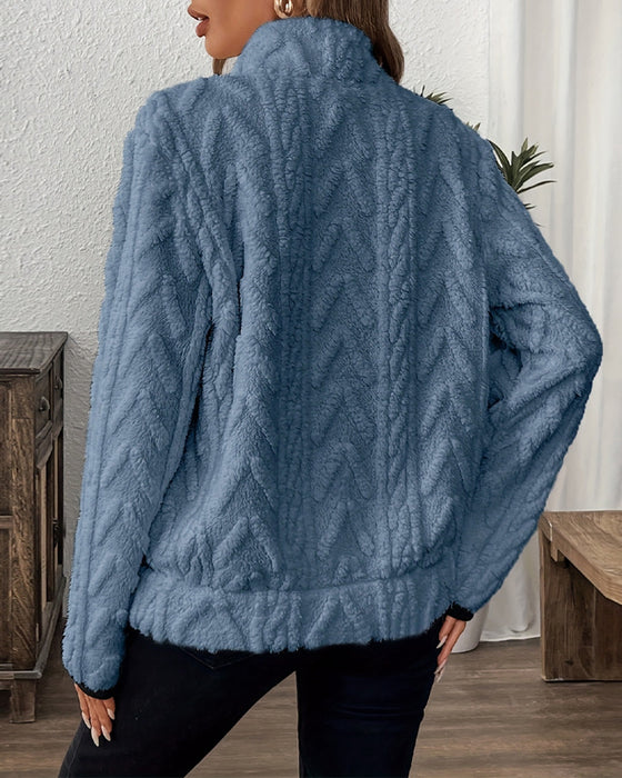 Lapel Zipper Front Fuzzy Sweatshirt
