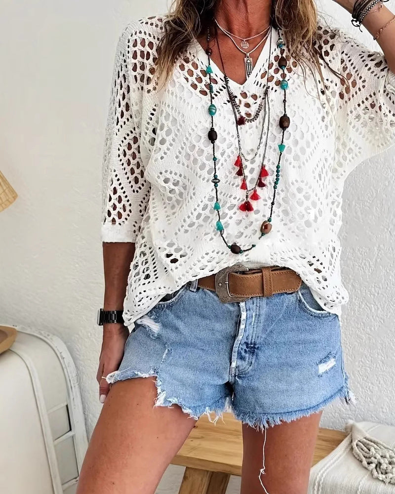 Diamond-Patterned Openwork Loose Top