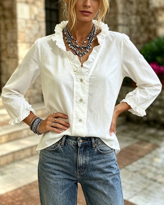 Ruffle Trim Button Solid Long Sleeve Blouse