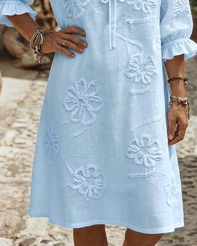V-Neck Ruffle Tie 3D Floral Dresses