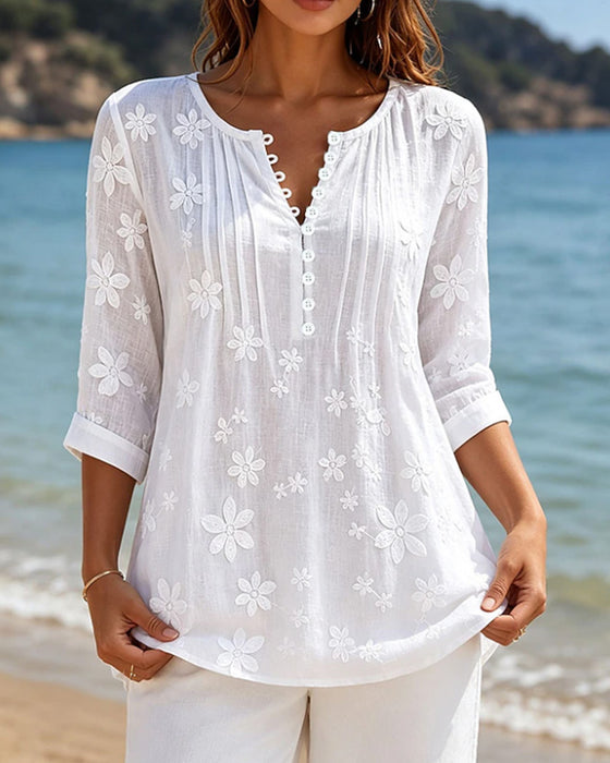 Button Front Smocked Floral Solid Blouse
