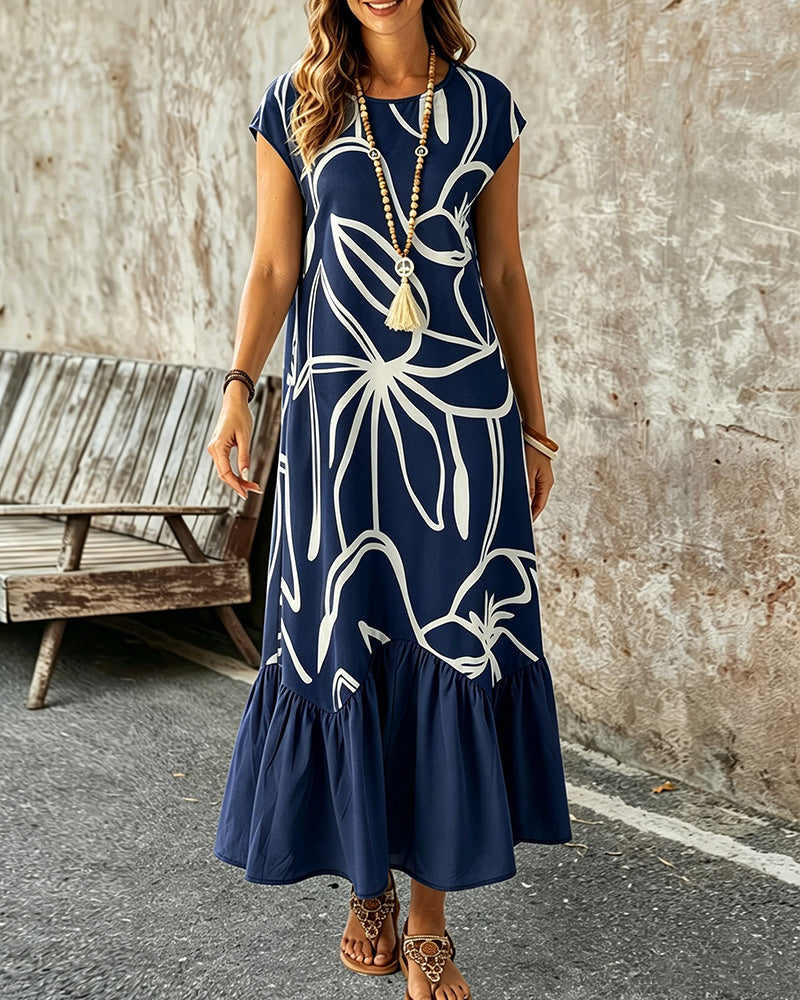 Crew Neck Geometric Print A-Line Dress