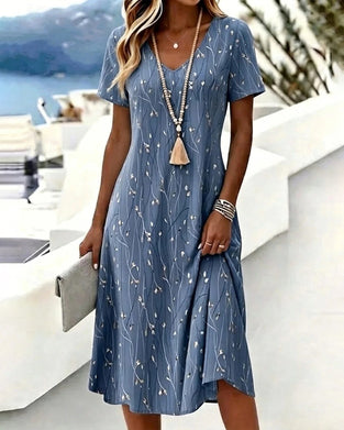 Short-Sleeved V-Neck A-Line Dress