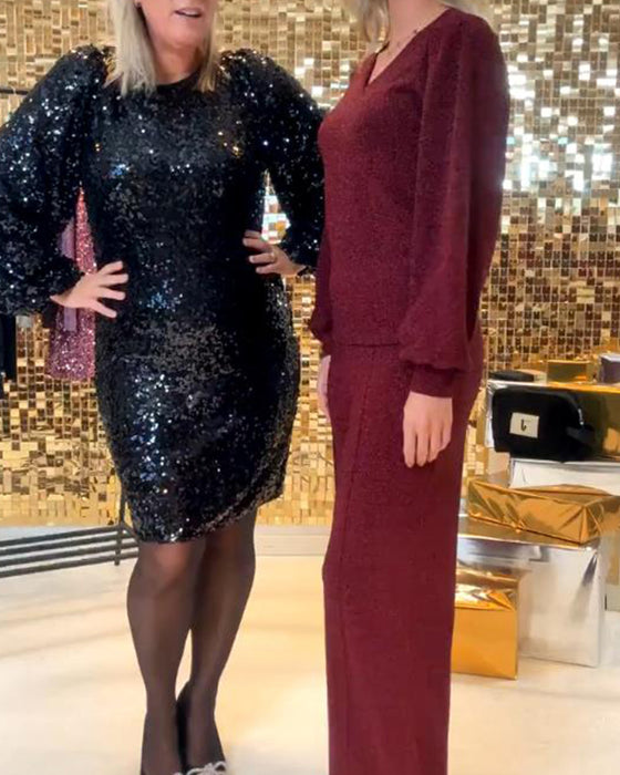 Sequin Long-Sleeve Crew-Neck Dress