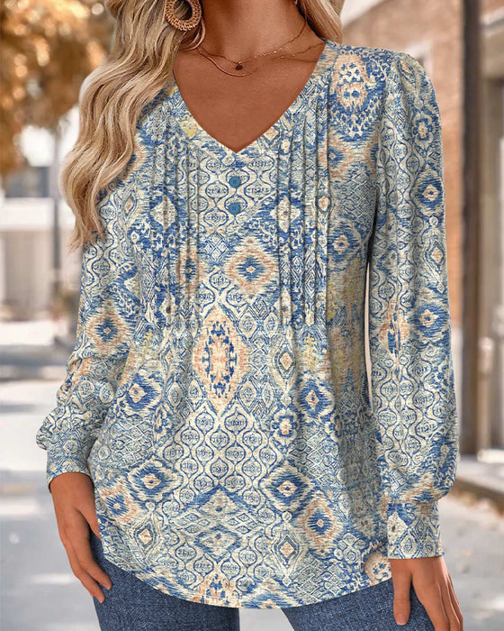 V-Neck Shirred Casual Blouse
