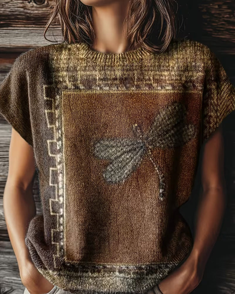 Dragonfly Print Round Neck Short Sleeve Pullover