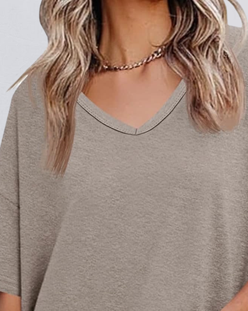 Solid V-Neck Patchwork Hem Blouses
