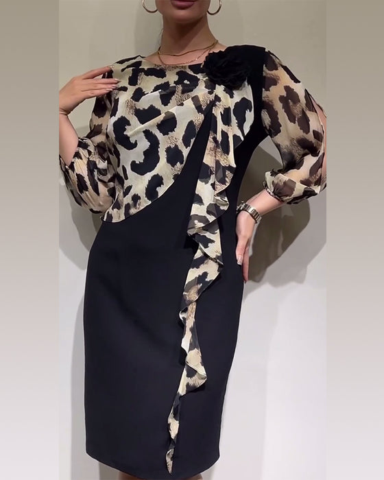 Leopard print splicing elegant dress