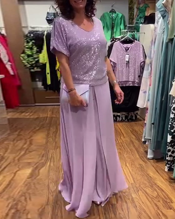 V-neck short-sleeved loose sequined blouse