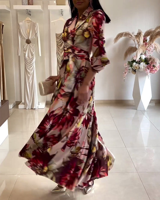 Floral print lapel three-quarter sleeve lace-up dress