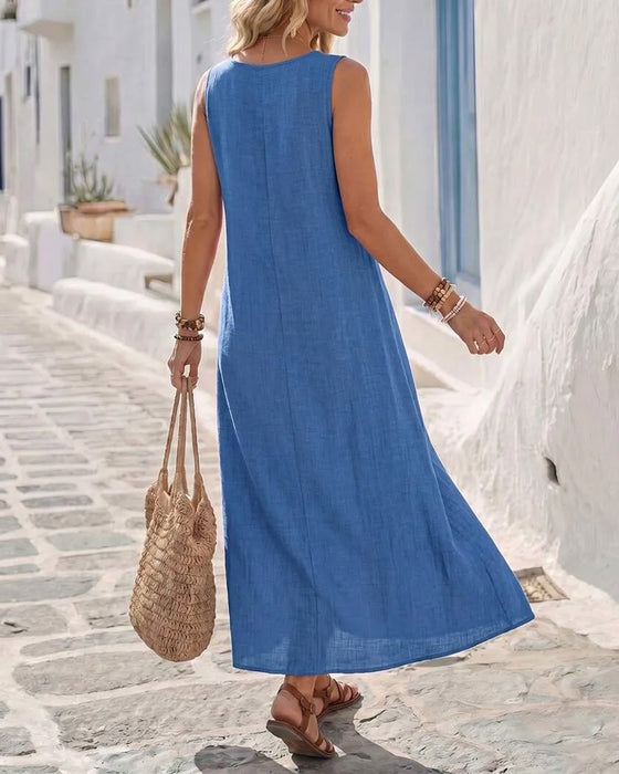 Crew Neck Sleeveless Ruched Full Skirt Dress