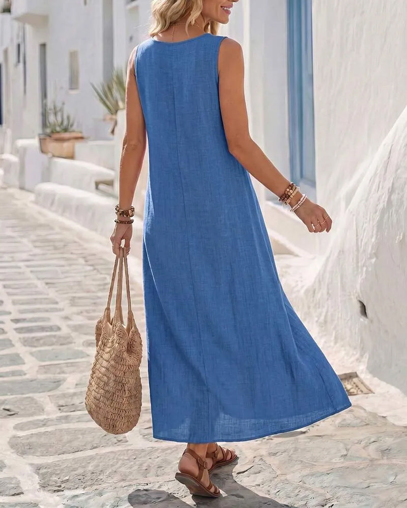 Crew Neck Sleeveless Ruched Full Skirt Dress