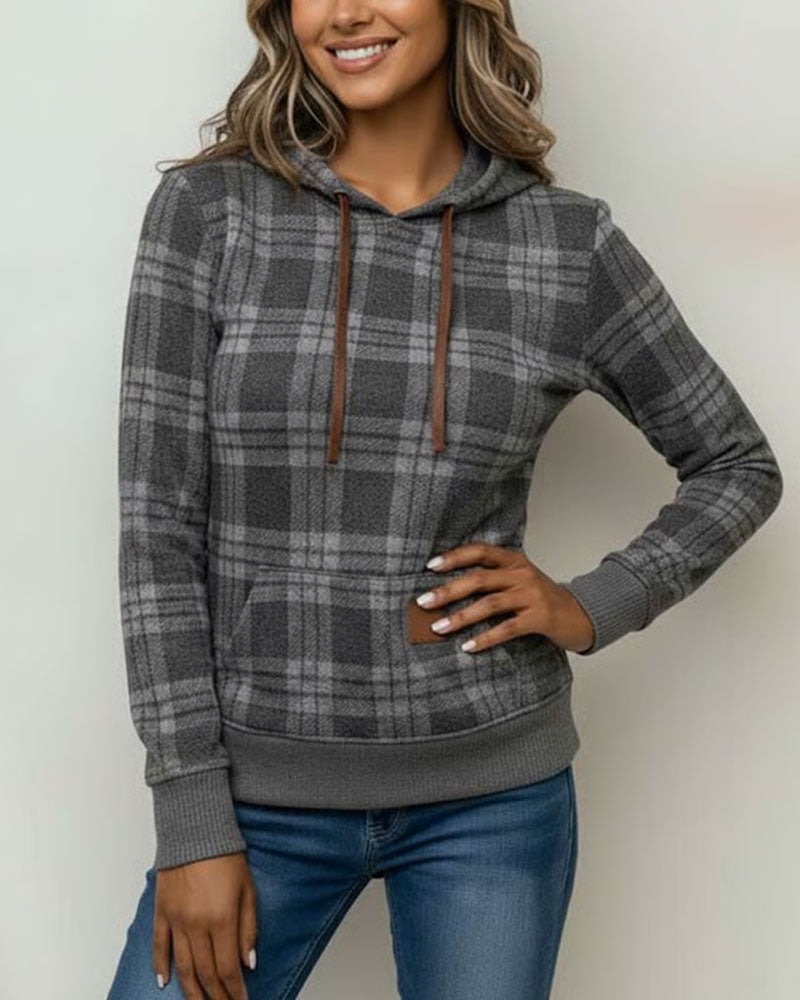 Long-Sleeved Plaid Casual Hoodie