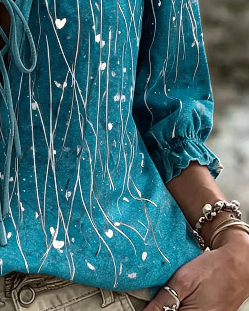 Heart Line Placement Print Tie Blouse