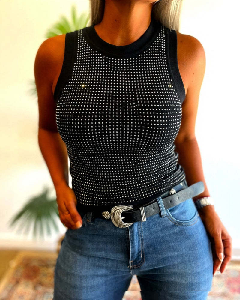 Solid Ribbed Rhinestone Fitted Tank Top