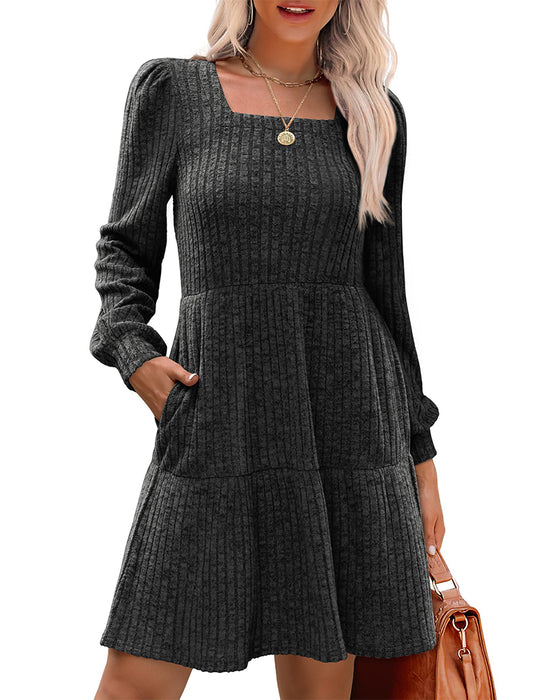 🍂2025 Autumn New Style⏰Women's Square Neck Lantern Sleeve Ribbed Dress