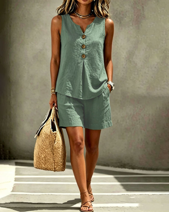 Button Tank Top and Shorts Set