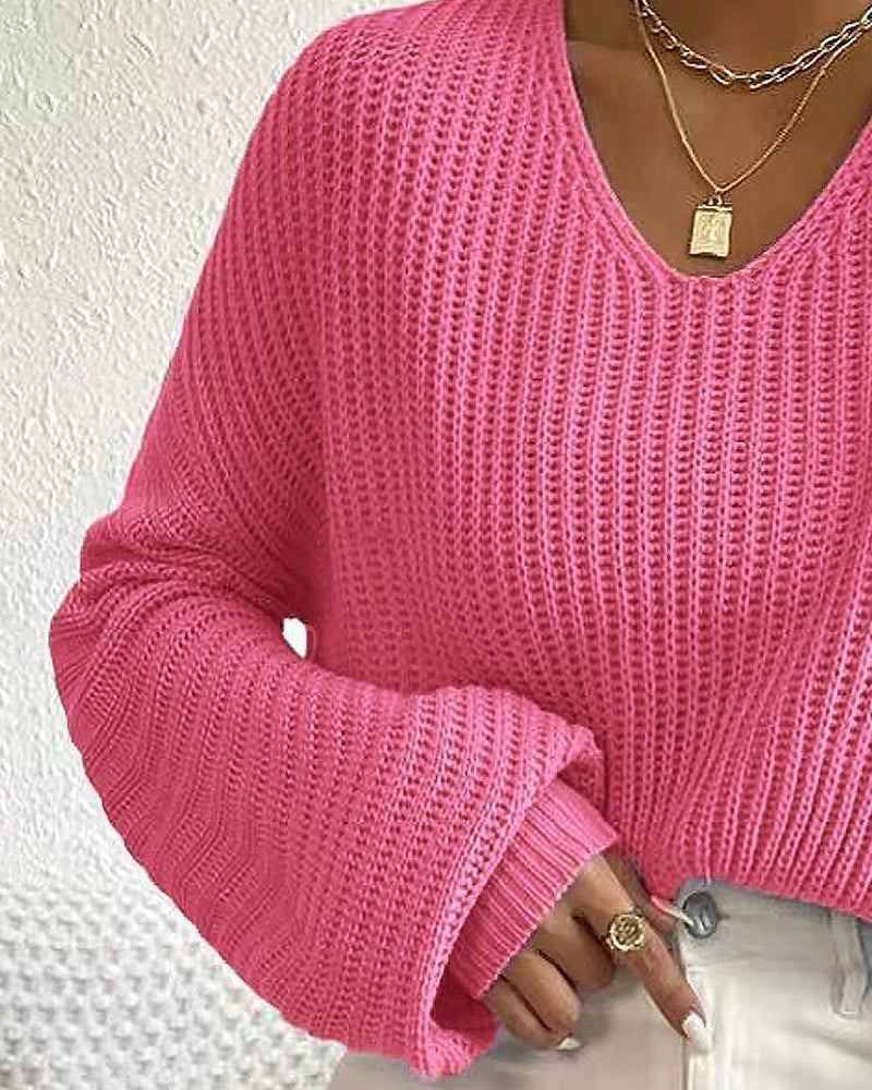 V-Neck Short Drop-Shoulder Long-Sleeve Pullover