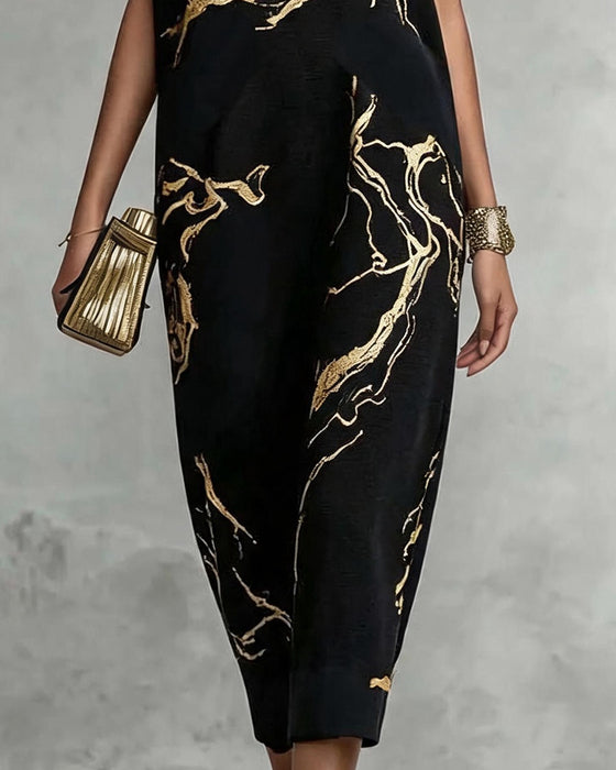 Batwing Short Sleeve Crew Neck Print Long Dress