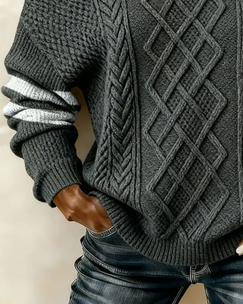 One Shoulder Metal Buckle Striped Cable Pullover