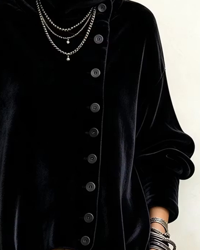 Stand Collar Diagonal Button Irregular Top