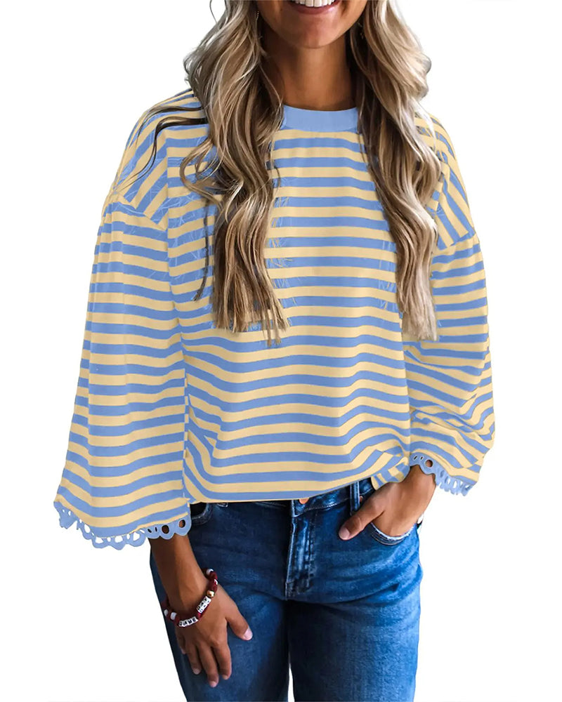 Crew Neck Drop Shoulder Stripe Cutout Blouse