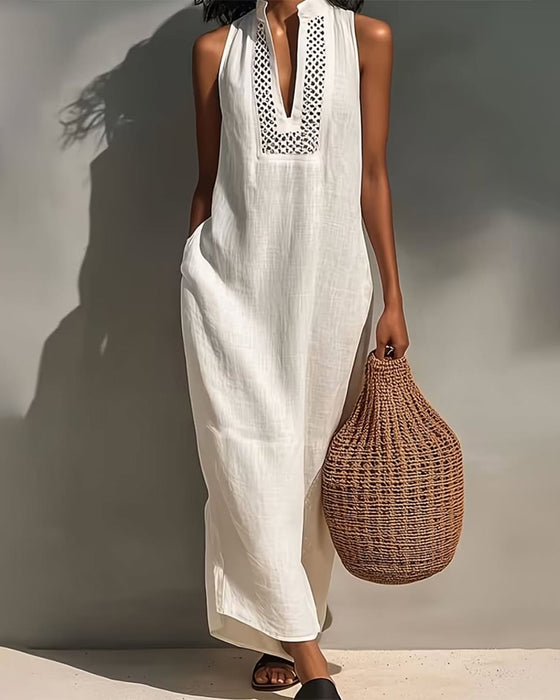 V-Neck Sleeveless Hollow Out Mesh Dress