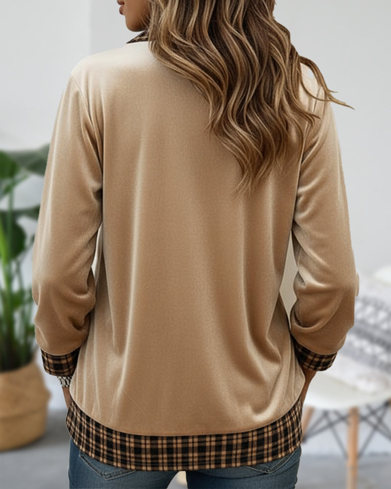 Lapel Plaid Patchwork Velvet Hoodie