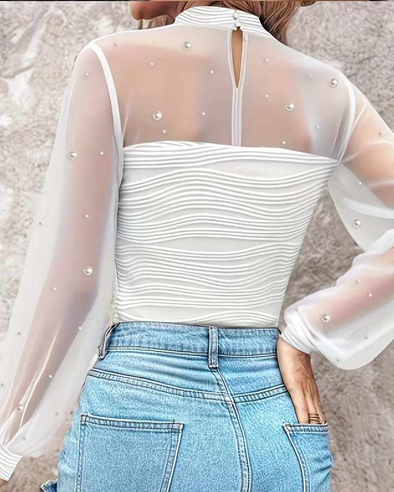 Mock Neck Smocked Sheer Blouse