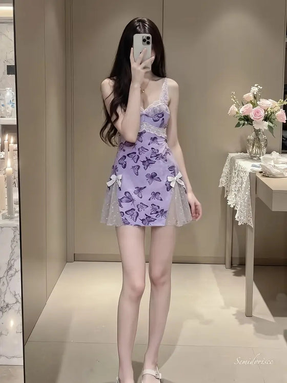 Women's Slim Fit Low V Lace-Up Butterfly Print Camisole Nightgown with Bralette and Backless Loungewear Set