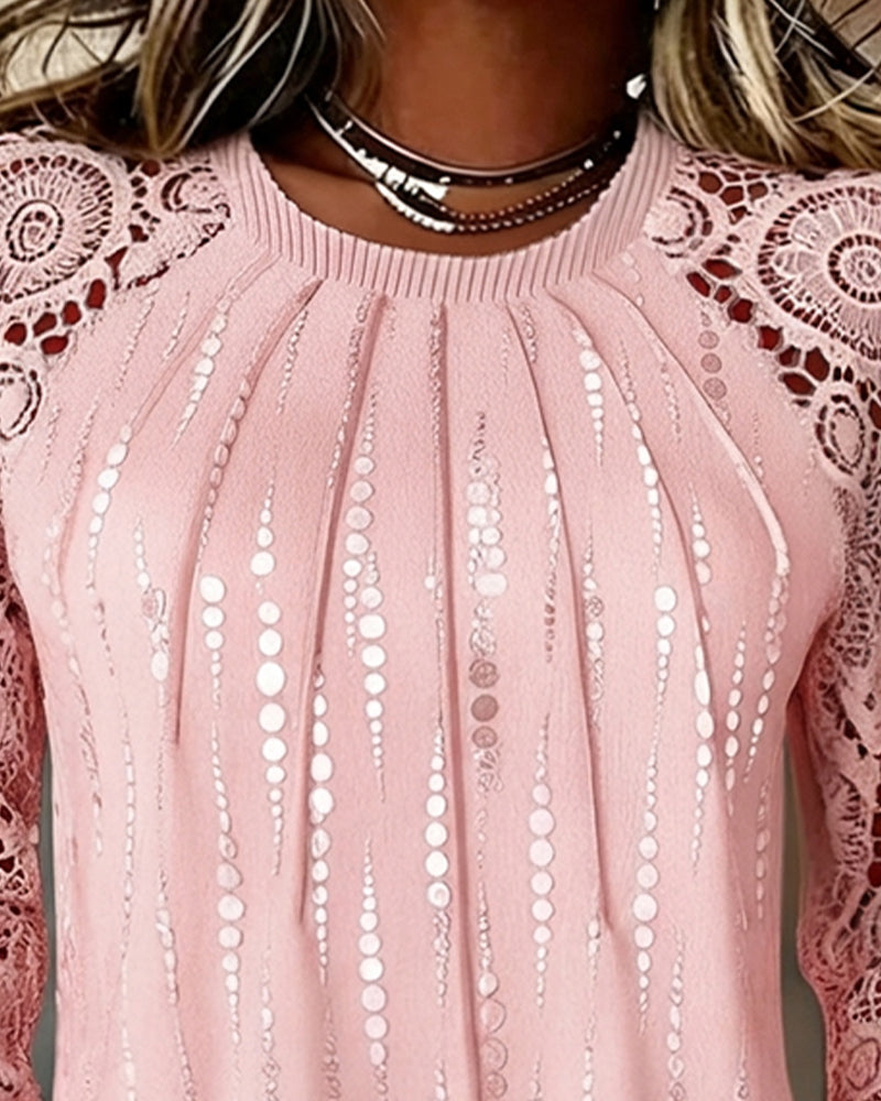 Round Neck Shirred Lace Polka Dot Top