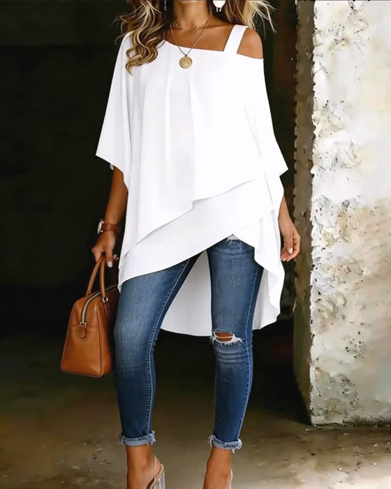 Asymmetric Cold-Shoulder Solid Color Casual Blouse