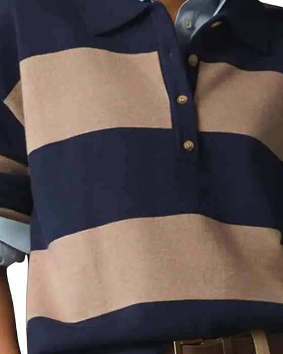 Wide Striped Buttoned Lapel Pullover