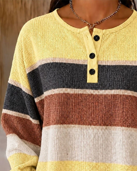 Round Neck Buttoned Contrast Striped Sweatshirt