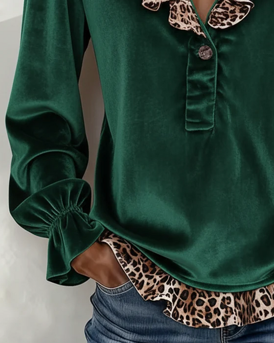 V-Neck Button Ruffle Leopard Top