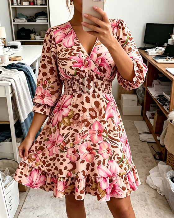 V-Neck Print Waist-Cinching Bubble Sleeve Dress