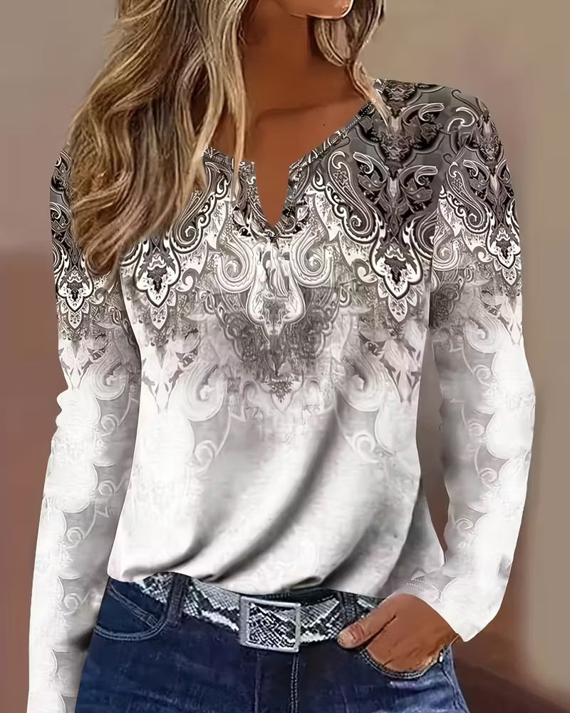 Small V-Neck Printed Long-Sleeved Top