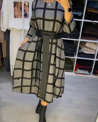 A-Line Plaid Dress with Round Neck