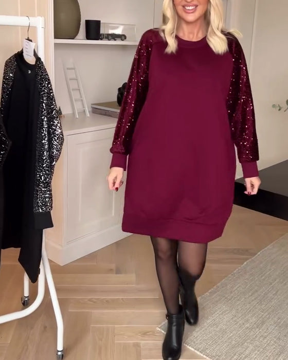 Pullover Crew Neck Long-Sleeved Sweatshirt Dress