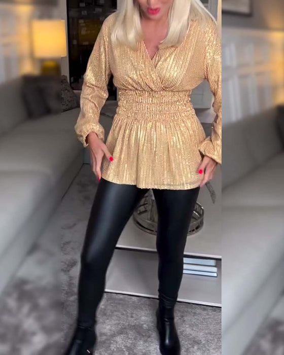 V-Neck Fitted Waist Solid Color Blouse